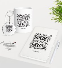 Kişiye Özel Yılın Öğretmeni Kupa Anahtarlık Beyaz Defter Kalem Hediye Seti-1