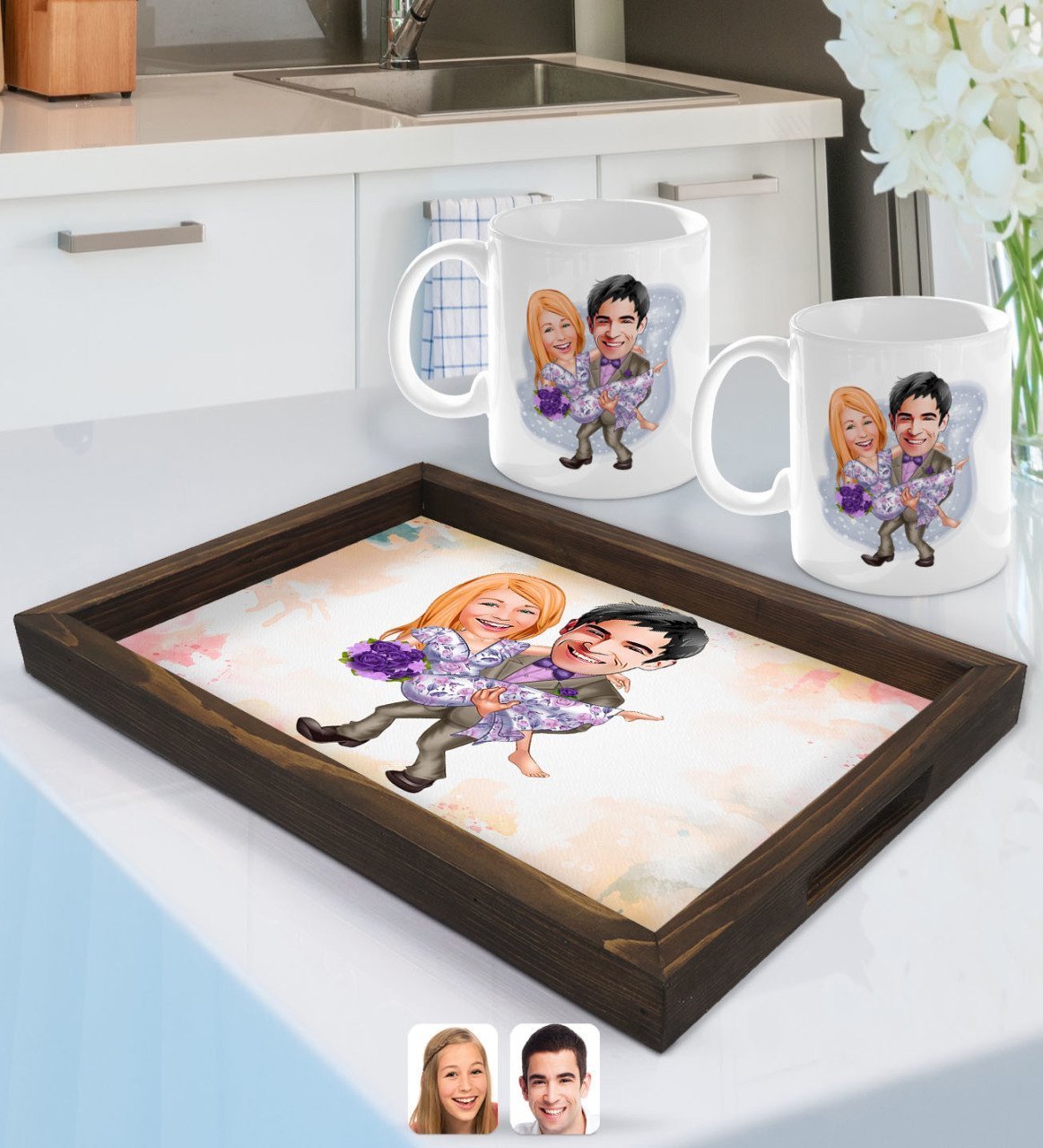 Kişiye Özel Sevgililer Karikatürlü Doğal Ahşap Tepsi ve 2’li Kupa Bardak Seti-56