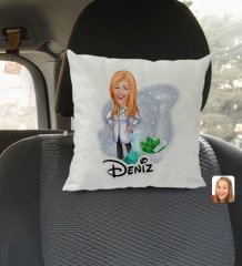 Kişiye Özel İsimli Kadın Eczacı Karikatürlü Kare Araç Koltuk Yastığı-1