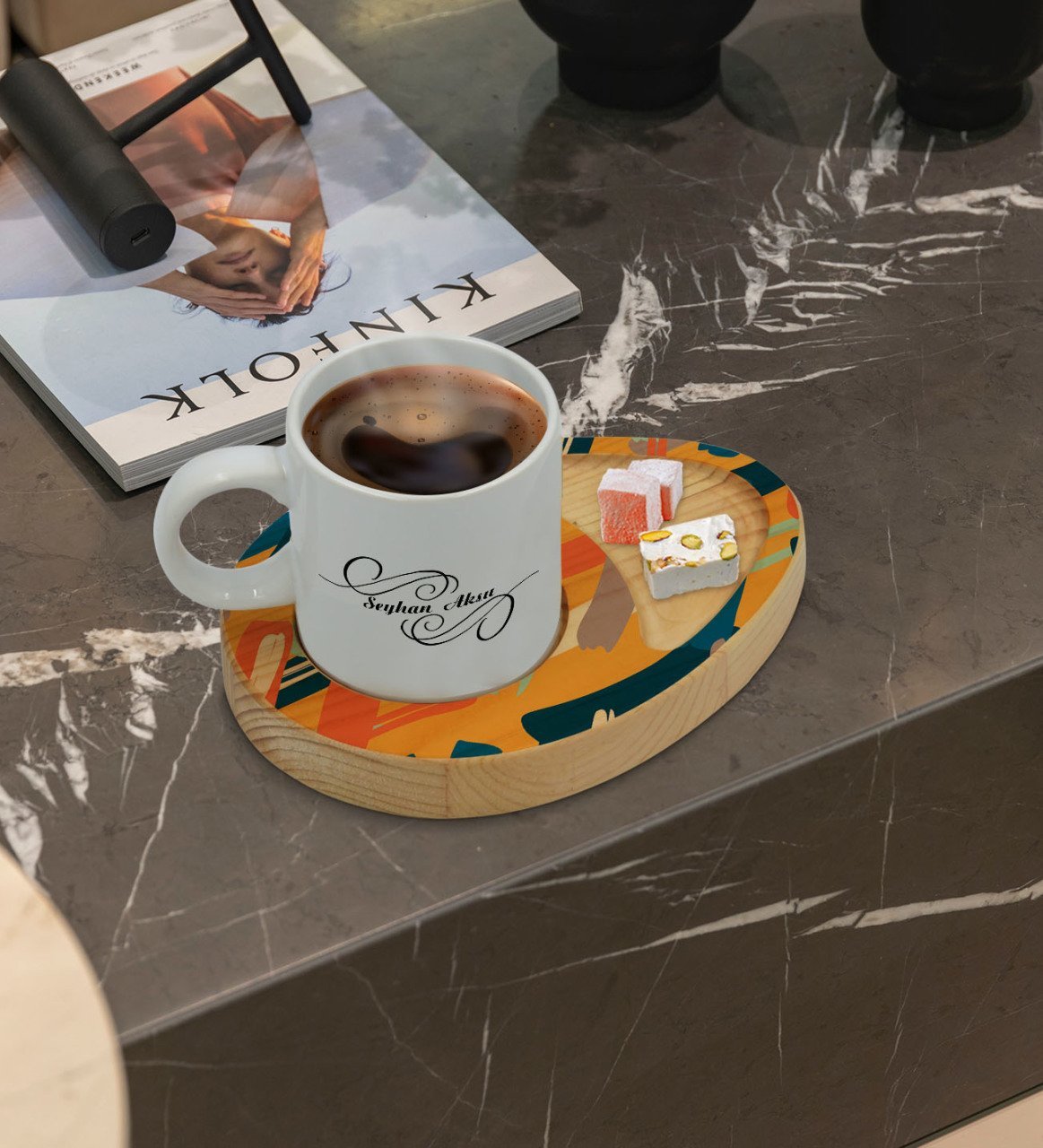 Kişiye Özel Modern Art Tasarımlı Doğal Ahşap Tabaklı Türk Kahvesi Fincanı Sunum Seti Model 7