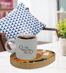 Kişiye Özel Modern Art Tasarımlı Doğal Ahşap Tabaklı Türk Kahvesi Fincanı Sunum Seti Model 7