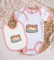 BK Kids Good Vibes Tasarımlı Pembe Bebek Body Zıbın ve Mama Önlüğü Hediye Seti-1
