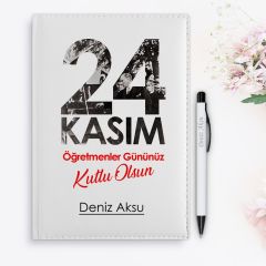 BK Gift Kişiye Özel Öğretmenler Günü Tasarımlı 2024 Beyaz Deri Ajanda ve Kalem Hediye Seti- 10, Öğretmene Hediye, Öğretmenler Günü