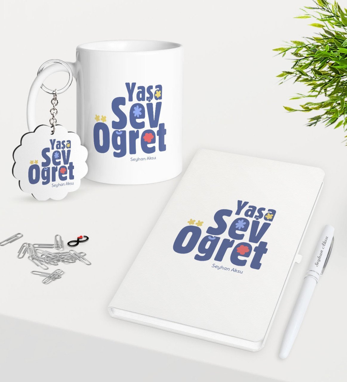 Kişiye Özel Yaşa Sev Öğret Kupa Anahtarlık Beyaz Defter Kalem Hediye Seti-2