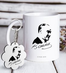Kişiye Özel Atatürk Temalı Beyaz Kupa ve Anahtarlık Hediye Seti-26