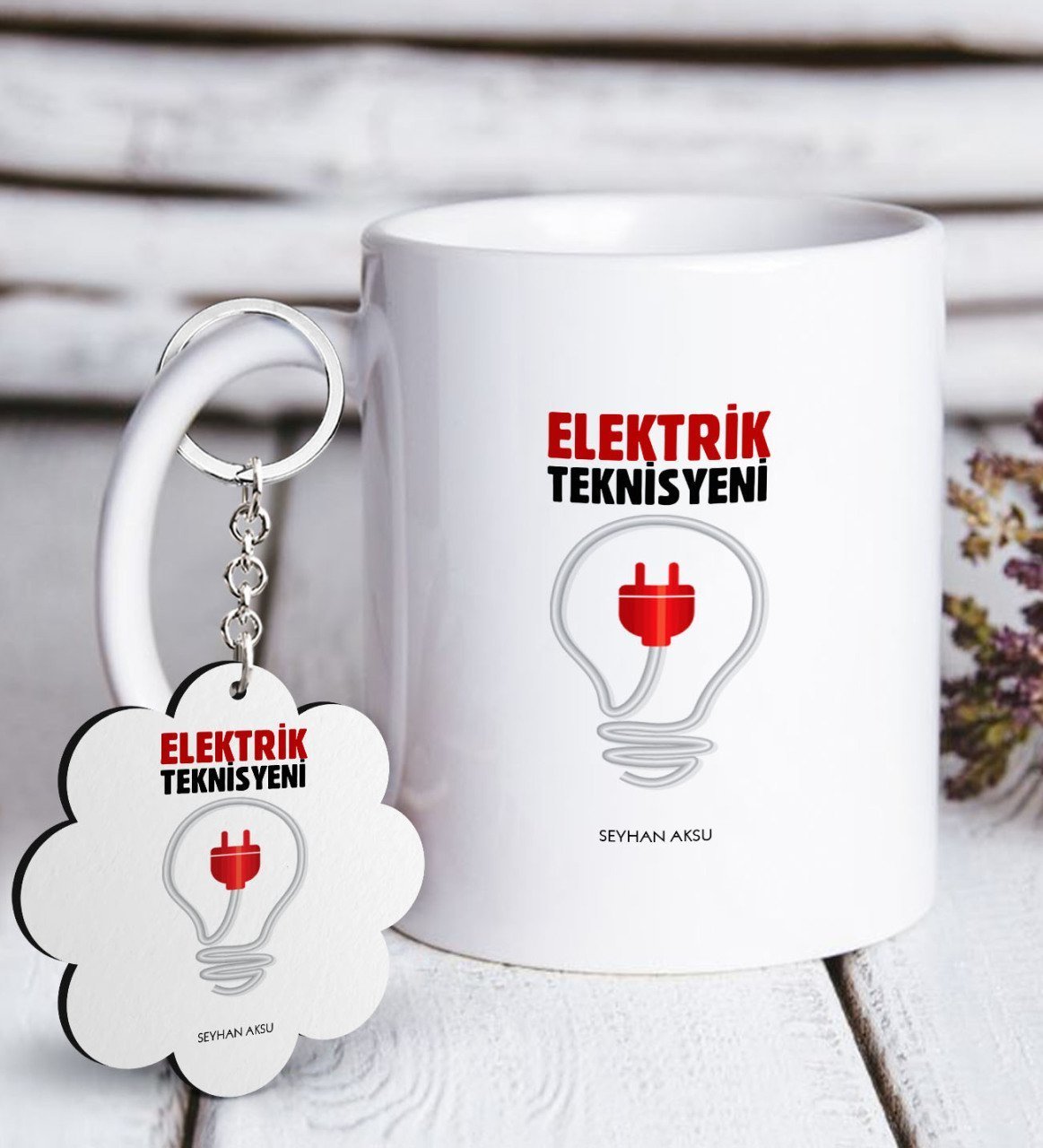 Kişiye Özel Mesleki Elektrik Teknisyeni Beyaz Kupa ve Anahtarlık Hediye Seti