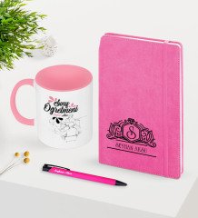 Kişiye Özel Sınıf Öğretmeni Temalı Pembe Defter Kalem Kupa Seti - 1