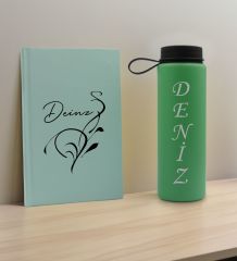 BK Gift Kişiye Özel İsimli Su Yeşili Defter ve Yeşil Cam Matara Hediye Seti-6, Sevgiliye Hediye, Arkadaşa Hediye, Yeni İş Hediyesi