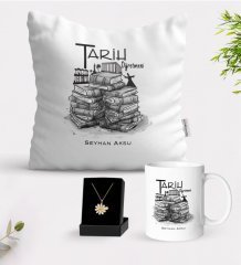 Kişiye Özel Tarih Öğretmeni Beyaz Kupa Yastık ve İsimli Papatya Kolye Hediye Seti-1