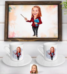Kişiye Özel Kadın Öğretmen Karikatürlü Doğal Ahşap Tepsi ve 2’li Kahve Fincan Seti-3