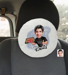 Kişiye Özel İsimli Erkek Kasap Karikatürlü Yuvarlak Araç Koltuk Yastığı-2