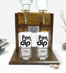 Kişiye Özel Renkli Baskılı Fondip Tasarımlı İkili Rakı Bardağı ve Çift Musluklu Doğal Ahşap Rakı Standı-1