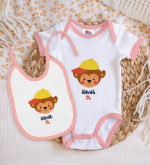 BK Kids Havalı Ol Tasarımlı Pembe Bebek Body Zıbın ve Mama Önlüğü Hediye Seti-1