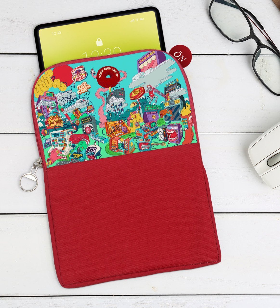 BK Gift Modern Soyut Tasarımlı Taşınabilir Koruyucu Tablet Kılıfı & Organizer Çanta - Kırmızı-9