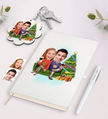 Kişiye Özel Sevgili Yeni Yıl Karikatürlü Beyaz Defter Kalem ve Anahtarlık Hediye Seti-4