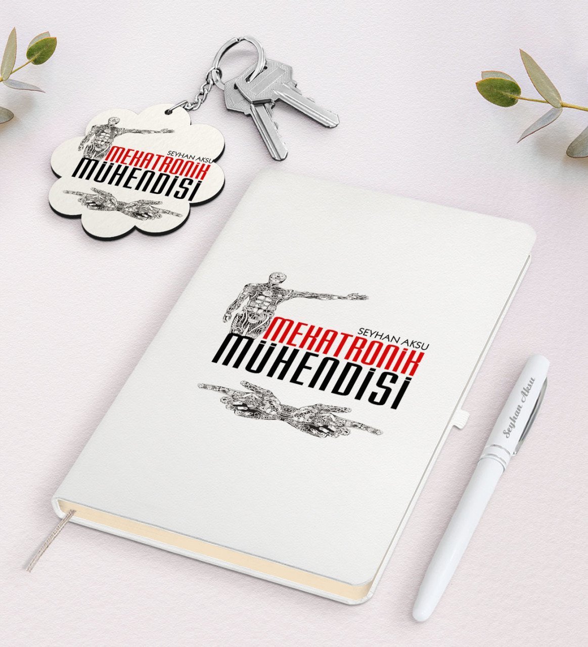 Kişiye Özel Mekatronik Mühendisi Beyaz Defter Kalem Ve Anahtarlık Hediye Seti