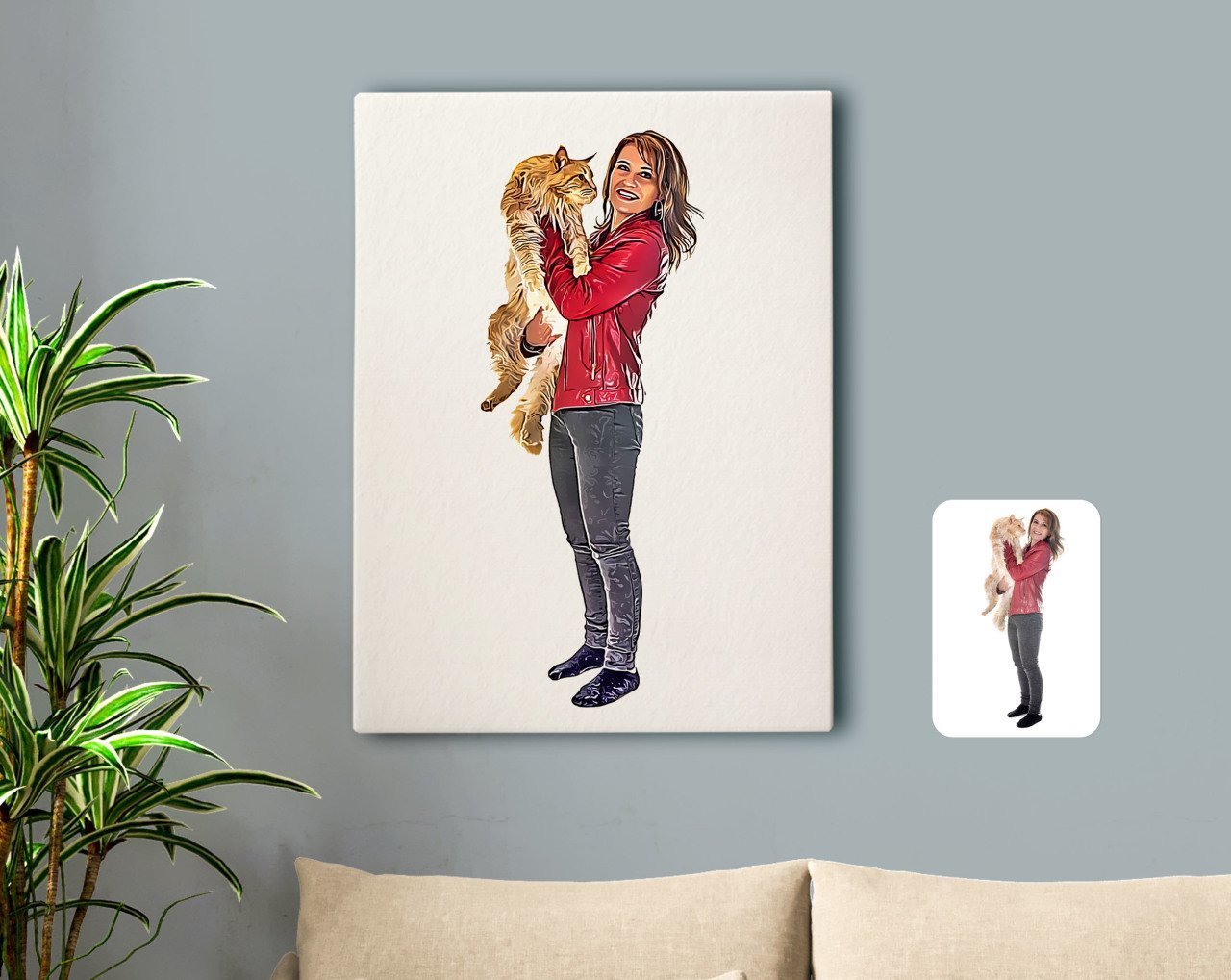 Kişiye Özel Tam Boy Kız ve Kedi Karikatürlü Kanvas Tablo 50x70cm-1