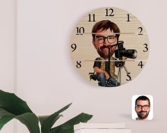 Kişiye Özel Erkek Profesyonel Fotoğrafçı Karikatürlü Otantik Ahşap Palet Saat-1