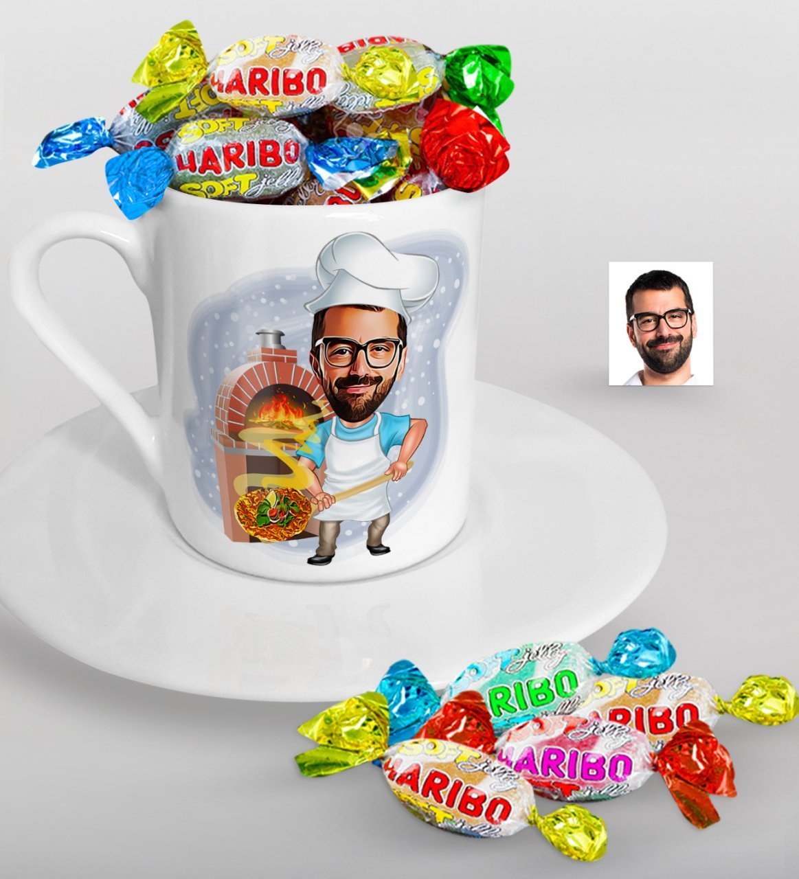 Kişiye Özel Bay Kebapçı Karikatürlü Türk Kahvesi Fincanı ve Haribo Şeker Hediye Seti-1