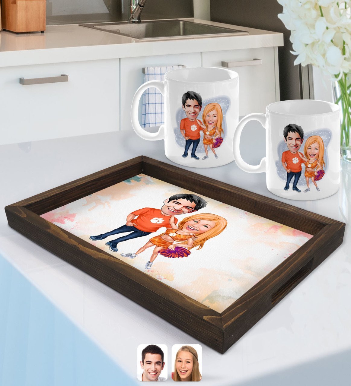 Kişiye Özel Sevgililer Karikatürlü Doğal Ahşap Tepsi ve 2’li Kupa Bardak Seti-54