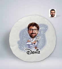 Kişiye Özel İsimli Erkek Kasap Karikatürlü Yuvarlak Araç Koltuk Yastığı-1