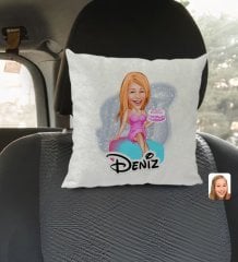 Kişiye Özel İsimli Kadın Doğum Günü Karikatürlü Kare Araç Koltuk Yastığı-2