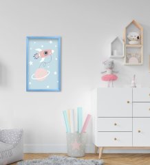 BK Home Uzay Aracı Tasarımlı Dekoratif Mavi Ahşap Çerçeveli Çocuk Odası Tablo-1