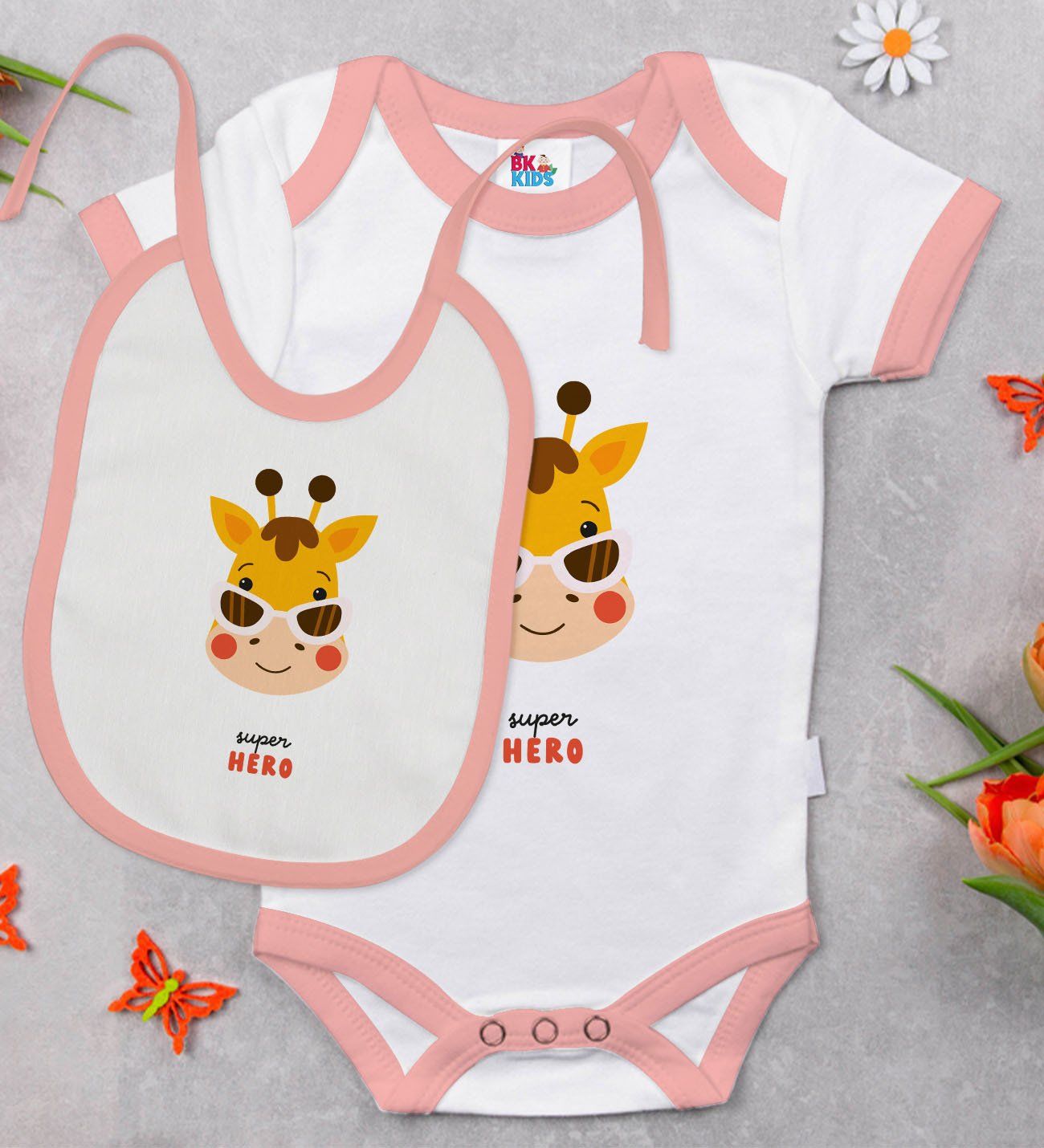 BK Kids Super Hero Tasarımlı Pembe Bebek Body Zıbın ve Mama Önlüğü Hediye Seti-1