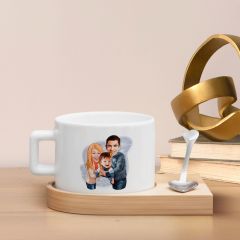 BK Gift Kişiye Özel Aile Karikatürlü-11, Ahşap Altlıklı Seramik Fincan, Aileye Hediye, Arkadaşa Hediye