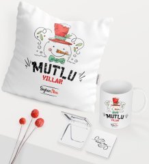 Kişiye Özel Yılbaşı Mutlu Yıllar Temalı Beyaz Kupa Ayna Yastık Seti - 5