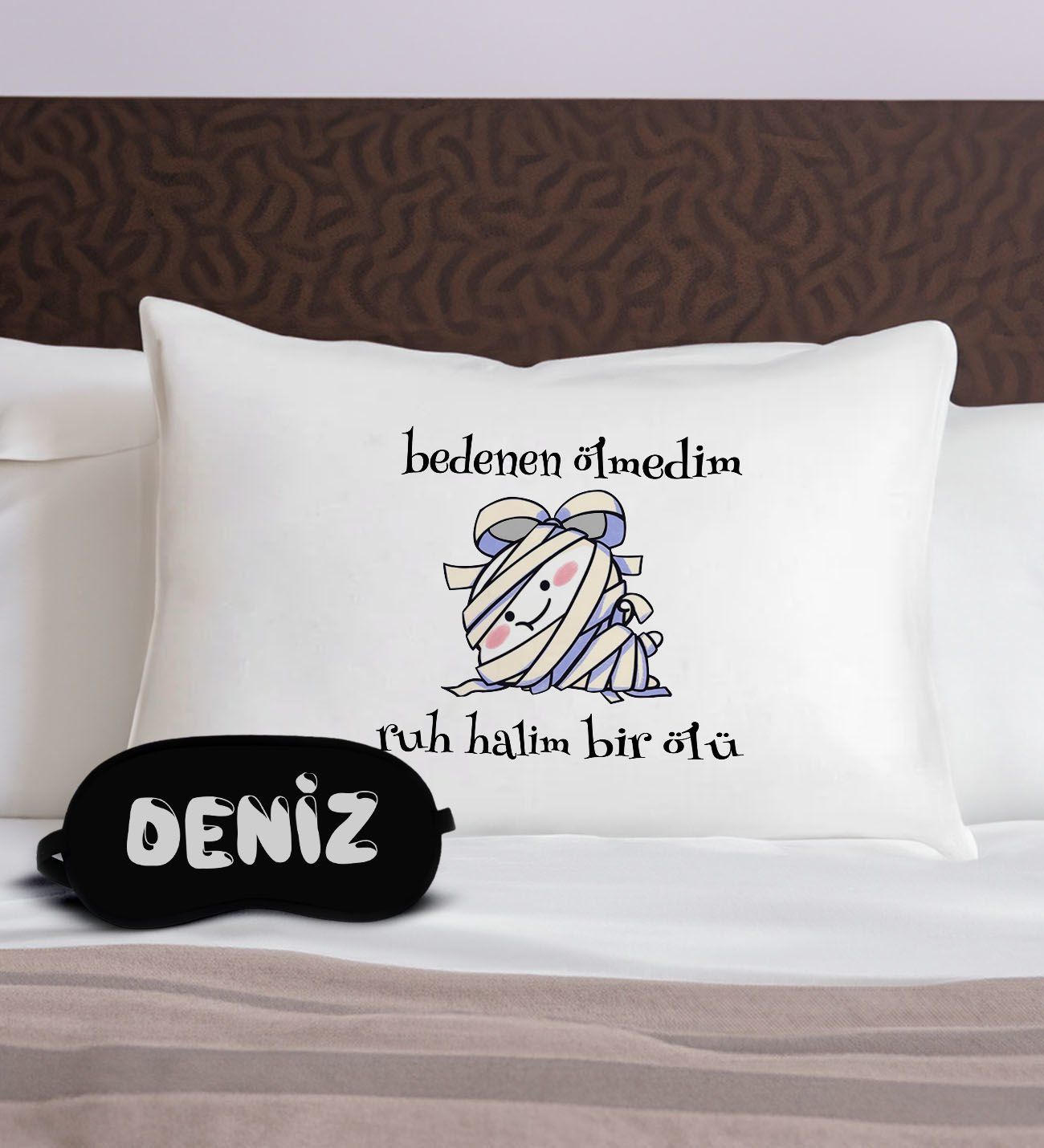 BK Gift Kişiye Özel Eğlenceli Tasarrımlı Pamuklu Yastık Kılıfı ve Göz Bandı Uyku Seti-2, Tasarım Ev Tekstili, Uyku Bandı, Ev Hediyesi