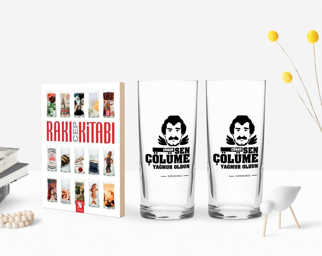 Kişiye Özel Renkli Baskılı Çünkü Sen Çölüme Yağmur Oldun Tasarımlı İkili Rakı Bardağı ve Rakı Cep Kitabı Hediye Seti-6