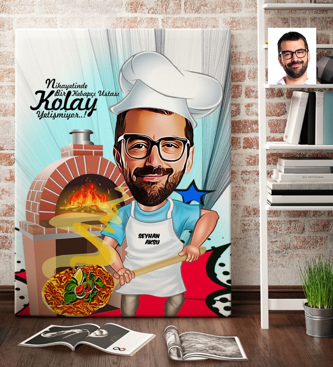 Kişiye Özel Bay Kebapçı Ustası Karikatür Kanvas Tablo (70 x 100 cm.) 1