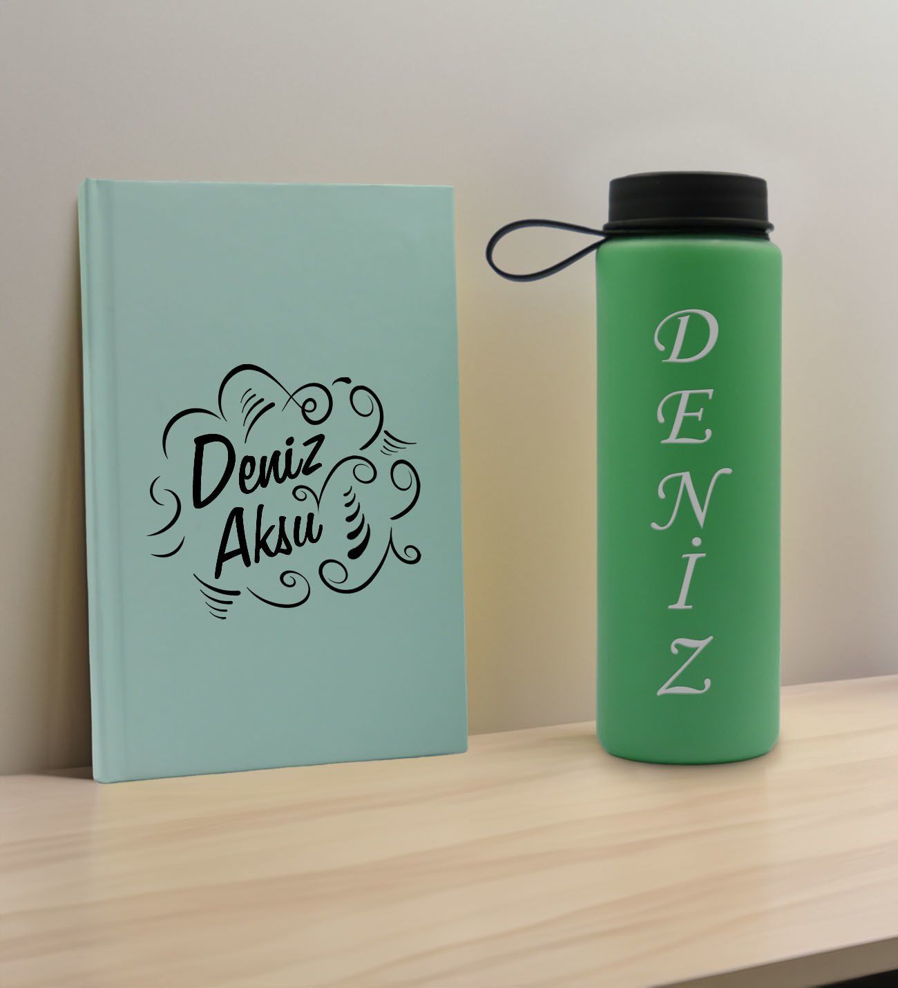 BK Gift Kişiye Özel İsimli Su Yeşili Defter ve Yeşil Cam Matara Hediye Seti-4, Sevgiliye Hediye, Arkadaşa Hediye, Yeni İş Hediyesi