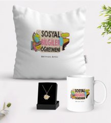 Kişiye Özel Sosyal Bilgiler Öğretmeni Beyaz Kupa Yastık ve İsimli Papatya Kolye Hediye Seti-3