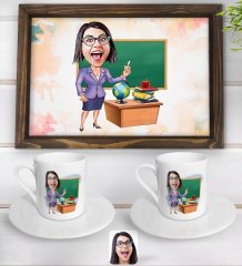 Kişiye Özel Kadın Öğretmen Karikatürlü Doğal Ahşap Tepsi ve 2’li Kahve Fincan Seti-1