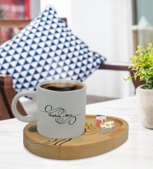 Kişiye Özel Modern Art Tasarımlı Doğal Ahşap Tabaklı Türk Kahvesi Fincanı Sunum Seti Model 4