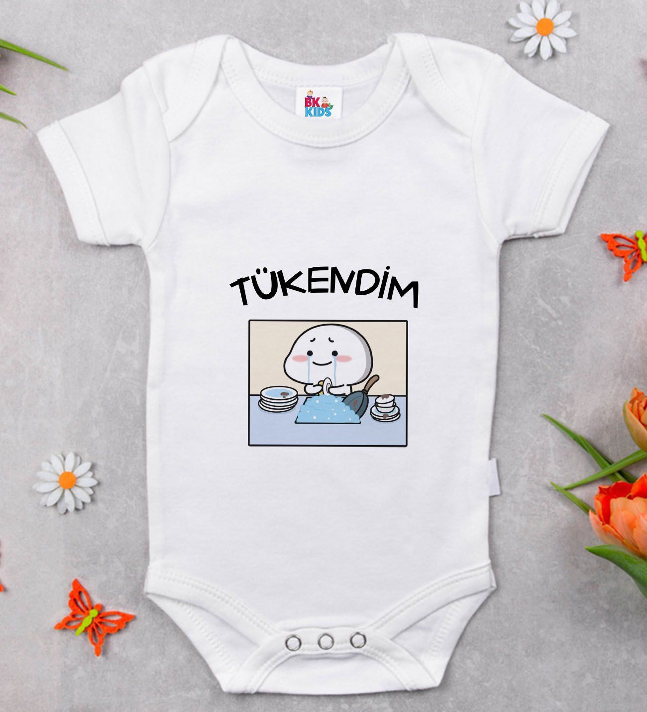 BK Kids Tükendim Tasarımlı Beyaz Bebek Body Zıbın-1