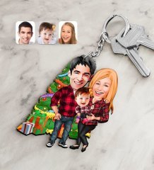 Kişiye Özel Yeni Yıl Aile Karikatürlü Ahşap Anahtarlık-4