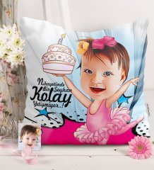 Kişiye Özel Kız Çocuk Doğum Günü Karikatürlü Saten Yastık - 1