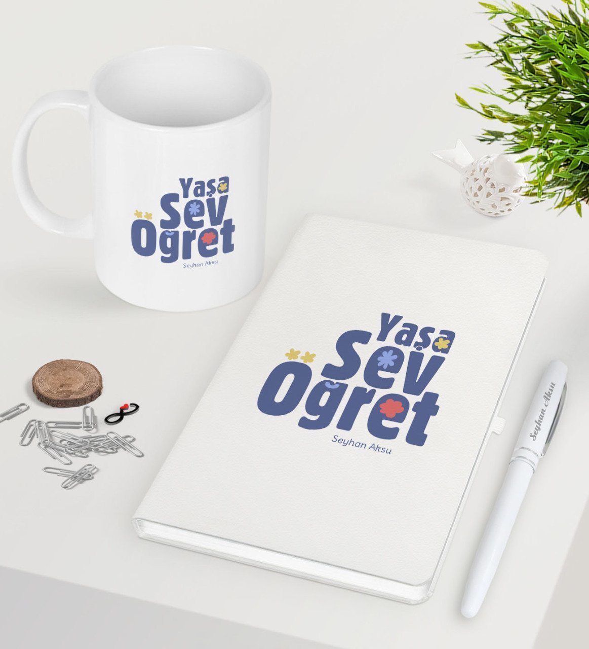 Kişiye Özel Yaşa Sev Öğret Beyaz Defter Kalem Kupa Seti-2