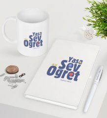 Kişiye Özel Yaşa Sev Öğret Beyaz Defter Kalem Kupa Seti-2