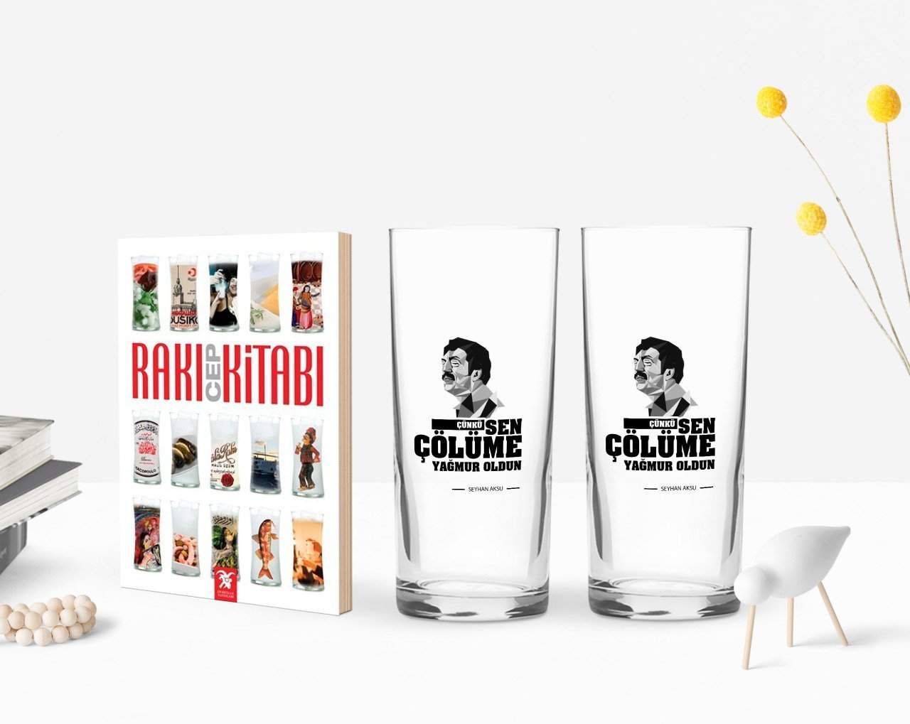 Kişiye Özel Renkli Baskılı Çünkü Sen Çölüme Yağmur Oldun Tasarımlı İkili Rakı Bardağı ve Rakı Cep Kitabı Hediye Seti-5