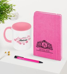 Kişiye Özel Öğretmenler Günü Temalı Pembe Defter Kalem Kupa Seti - 3