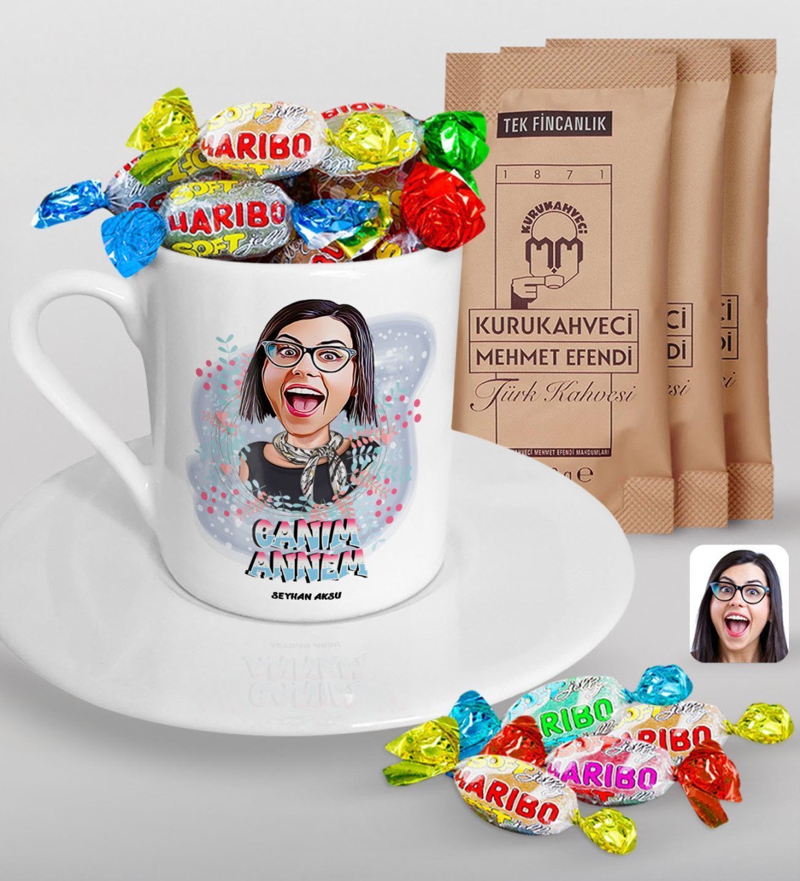 Kişiye Özel Anneler Günü Temalı Canım Annem Karikatürlü Türk Kahvesi Fincanı Mehmet Efendi Kahve ve Haribo Şeker Hediye Seti-1
