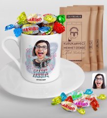 Kişiye Özel Anneler Günü Temalı Canım Annem Karikatürlü Türk Kahvesi Fincanı Mehmet Efendi Kahve ve Haribo Şeker Hediye Seti-1