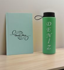 BK Gift Kişiye Özel İsimli Su Yeşili Defter ve Yeşil Cam Matara Hediye Seti-3, Sevgiliye Hediye, Arkadaşa Hediye, Yeni İş Hediyesi