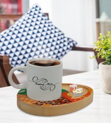 Kişiye Özel Modern Art Tasarımlı Doğal Ahşap Tabaklı Türk Kahvesi Fincanı Sunum Seti Model 3