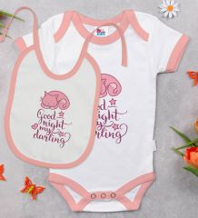 BK Kids Good Night My Darling Tasarımlı Pembe Bebek Body Zıbın ve Mama Önlüğü Hediye Seti-1