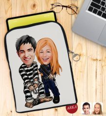 Kişiye Özel Sevgililer Karikatürlü Taşınabilir Koruyucu Tablet Kılıfı & Organizer Çanta - Siyah-7